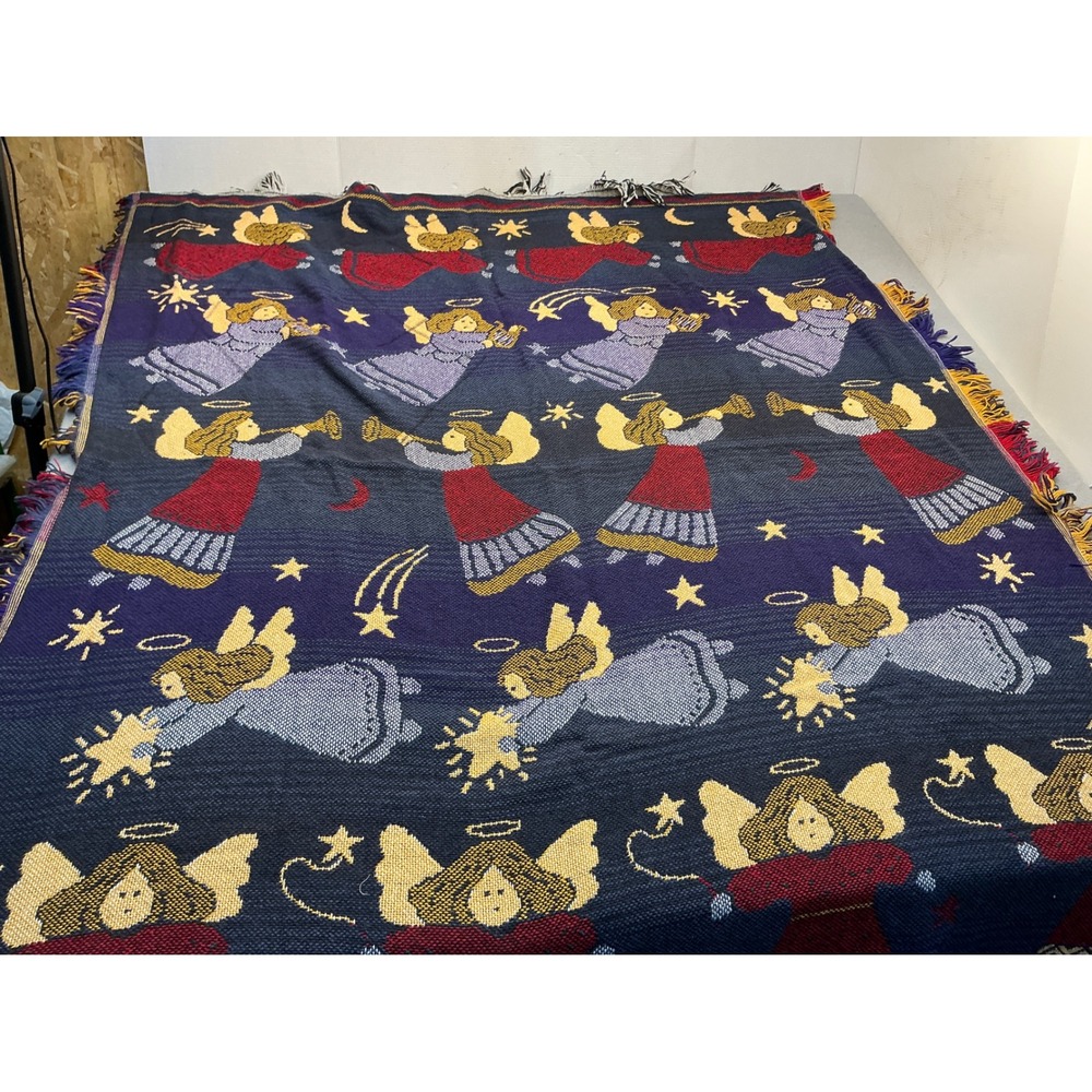 Crown Crafts Vintage Woven Tapestry Throw Blanket Angel Celestial Stars Navy USA
